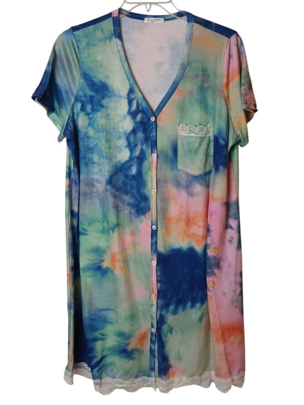 Ekouaer Womens Large TieDye Button Nightgown Lace Trim & Pocket #I--2